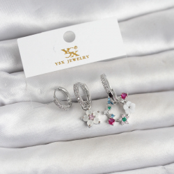 Mey İthalat® Pirinç Gümüş Renk Çiçek Model 3'lü Kadın Küpe
