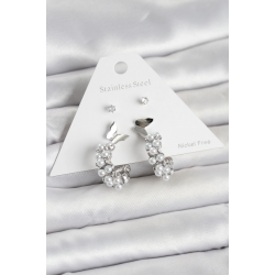 Mey İthalat® Pirinç Gümüş Renk Kelebek Detaylı Kadın Küpe Seti