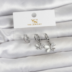 Mey İthalat® Pirinç Gümüş Renk Kelebek Model 3'lü Kadın Küpe