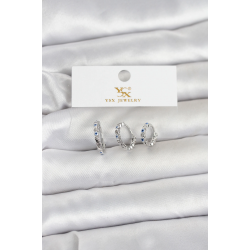 Mey İthalat® Pirinç Gümüş Renk Nazarlı Model 3'lü Kadın Küpe