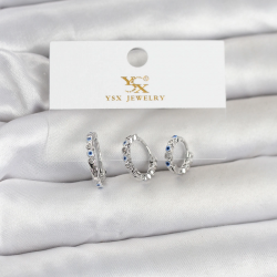 Mey İthalat® Pirinç Gümüş Renk Nazarlı Model 3'lü Kadın Küpe