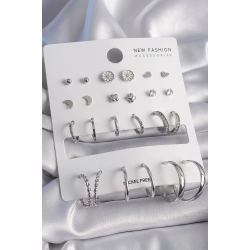 Mey İthalat® Pirinç Gümüş Renk Papatya Detaylı 12 Çift Kadın Küpe Seti