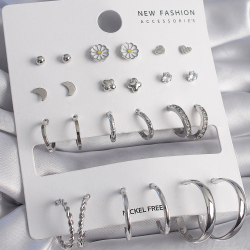 Mey İthalat® Pirinç Gümüş Renk Papatya Detaylı 12 Çift Kadın Küpe Seti