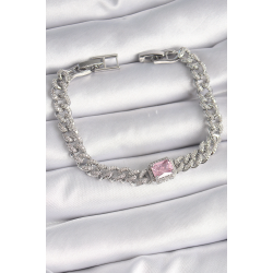 Mey İthalat® Pirinç Gümüş Renk Pembe Kare Zirkon Taşlı VIP Seri Kadın Bileklik