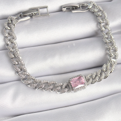 Mey İthalat® Pirinç Gümüş Renk Pembe Kare Zirkon Taşlı VIP Seri Kadın Bileklik