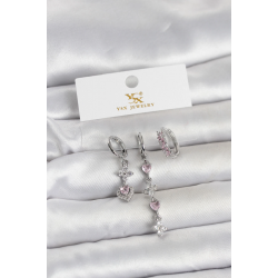 Mey İthalat® Pirinç Gümüş Renk Pembe Zirkon Taşlı 3'lü Kadın Küpe
