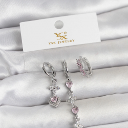 Mey İthalat® Pirinç Gümüş Renk Pembe Zirkon Taşlı 3'lü Kadın Küpe