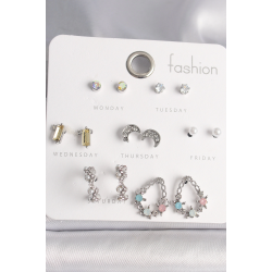 Mey İthalat® Pirinç Gümüş Renk Renkli Zirkon Taşlı Halka Damla Figür Hilal Detay 7 Çift Kadın Küpe Seti