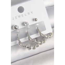 Mey İthalat® Pirinç Gümüş Renk Sarmal Yılan Halka Model Zirkon Taşlı Topçuk Detay Kadın Küpe Seti