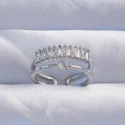 Mey İthalat® Pirinç Gümüş Renk Sedefli Zirkon Taşlı Su Yolu Model 2li Görünüm Ayarlanabilir Yüzük