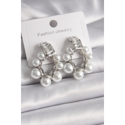 Mey İthalat® Pirinç Gümüş Renk Su Yolu Zirkon Taşlı İncili Halka Model Kadın Küpe