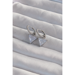 Mey İthalat® Pirinç Gümüş Renk Üçgen Zirkon Taşlı Sallantılı Halka Küpe