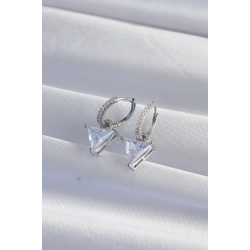 Mey İthalat® Pirinç Gümüş Renk Üçgen Zirkon Taşlı Sallantılı Halka Küpe