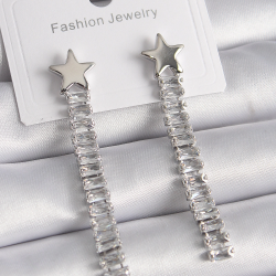 Mey İthalat® Pirinç Gümüş Renk Yıldız Model Su Yolu Zirkon Taş Kadın Küpe