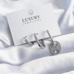 Mey İthalat® Pirinç Gümüş Renk Zirkon Taşlı 3'lü Kadın Küpe Seti