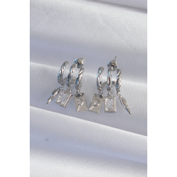 Mey İthalat® Pirinç Gümüş Renk Zirkon Taşlı Çoklu Aksesuarlı Yarım Halka Kaburga Küpe