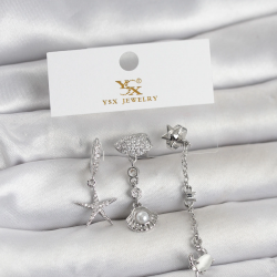 Mey İthalat® Pirinç Gümüş Renk Zirkon Taşlı Deniz Temalı 3'lü Kadın Küpe