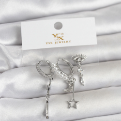 Mey İthalat® Pirinç Gümüş Renk Zirkon Taşlı Gece Temalı 3'lü Kadın Küpe