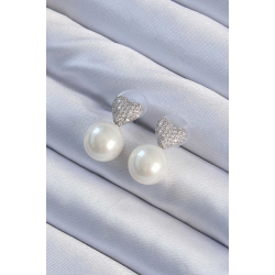 Mey İthalat® Pirinç Gümüş Renk Zirkon Taşlı Kalp Model İnci Tasarım Kadın Küpe