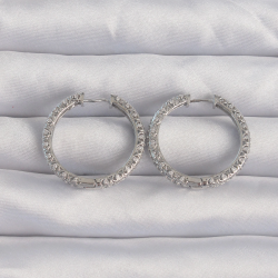 Mey İthalat® Pirinç Gümüş Renk Zirkon Taşlı Motifli Halka Küpe