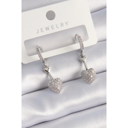 Mey İthalat® Pirinç Gümüş Renk Zirkon Taşlı Sallantı Kalp Model Kadın Küpe