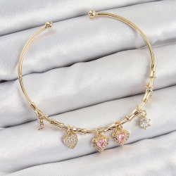 Mey İthalat® Pirinç Zirkon Taşlı Pembe Kalp Model Gold Renk Charm Bileklik