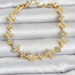 Mey İthalat® Pirinç Zirkon Taşlı Yonca Model Gold Renk Kadın Bileklik