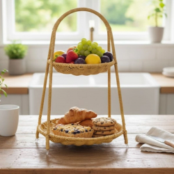 Mey İthalat®  Plastik Rattan İki Katlı Sunumluk–Dekoratif Organizer, Mutfak Meyve,Sebze Sepeti, Banyo Düzenleyici Raf,Masaüstü Çok Amaçlı Sunum Standı