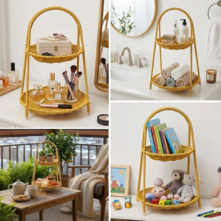 Mey İthalat®  Plastik Rattan İki Katlı Sunumluk–Dekoratif Organizer, Mutfak Meyve,Sebze Sepeti, Banyo Düzenleyici Raf,Masaüstü Çok Amaçlı Sunum Standı