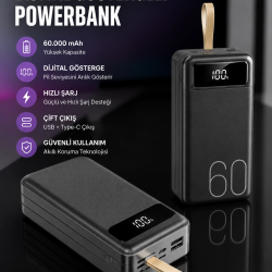 Mey İthalat® Powerbank 60.000 Mah Hızlı Şarj 4 Çıkışlı Uzun Şarj Süreli Dijital Göstergeli