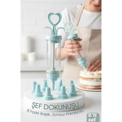 Mey İthalat® Profesyonel 8'li Başlıklı Pasta Krema Süsleme Pompası Seti Enjektör Uçlu 722555