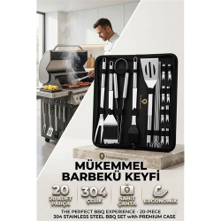 Mey İthalat® Profesyonel Barbekü Seti 20 Parça Çantalı Paslanmaz Çelik Mangal Maşa Spatula Fırça Şiş 723132