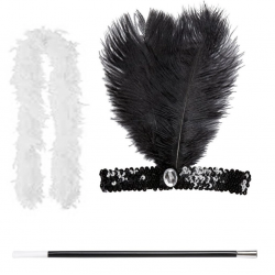 Mey İthalat® Retro Charliston Beyaz Otrişli Aksesuar Seti – 20'ler 90'lar Gatsby Kostüm Seti