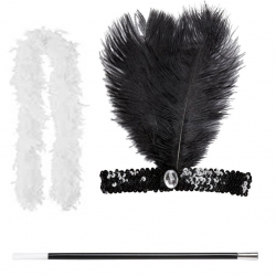 Mey İthalat® Retro Charliston Beyaz Otrişli Aksesuar Seti – 20'ler 90'lar Gatsby Kostüm Seti