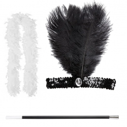 Mey İthalat® Retro Charliston Beyaz Otrişli Aksesuar Seti – 20'ler 90'lar Gatsby Kostüm Seti