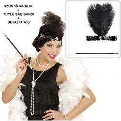 Mey İthalat® Retro Charliston Beyaz Otrişli Aksesuar Seti – 20'ler 90'lar Gatsby Kostüm Seti