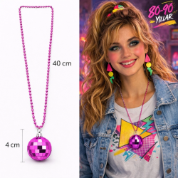 Mey İthalat® Retro Disko Topu Şekilli 80'ler 90'lar Fuşya Pembe Renk Plastik Kolye