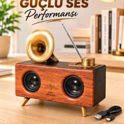 Mey İthalat® Retro Gramofon Tasarımlı Bluetooth Hoparlör – 3D Stereo Ses, 1800 mAh Batarya