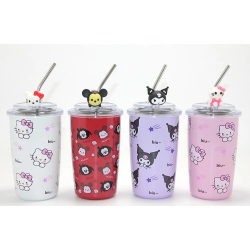 Mey İthalat® Sanrio Hello Kitty Ve Kuromi Figürlü Isı Muhafazalı Metal Pipetli Çelik Kupa