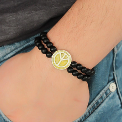 Mey İthalat® Sarı Metal Barış Simgesi Tasarımlı Siyah Renk Mat Oniks Doğal Taş Erkek Bileklik