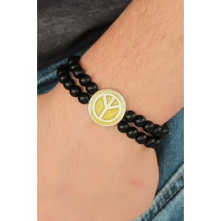 Mey İthalat® Sarı Metal Barış Simgesi Tasarımlı Siyah Renk Mat Oniks Doğal Taş Erkek Bileklik