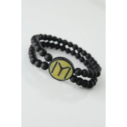 Mey İthalat® Sarı Renkli Metal Üzerine Siyah Kayı Boyu Figürlü Siyah Renk Çift Sıra Doğal Taş Erkek Bileklik