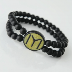 Mey İthalat® Sarı Renkli Metal Üzerine Siyah Kayı Boyu Figürlü Siyah Renk Çift Sıra Doğal Taş Erkek Bileklik