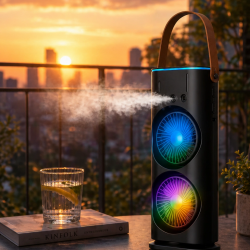 Mey İthalat® Şarjlı Buharlı Serinletici Fan RGB Işıklı Çift Pervaneli Masa Fanı