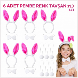 Mey İthalat® Şeker Pembesi Tavşan Sahne Seti 6'lı Set Taç Papyon Kuyruk