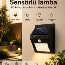 Mey İthalat® Sensörlü, Güneş Enerjili LED Duvar Lambası Bahçe ve Balkon Aydınlatma