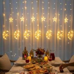Mey İthalat® Sıcak Beyaz Ay Yıldız Işık Zinciri Parti Düğün Ramazan Dekoru