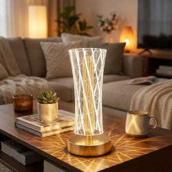Mey İthalat®  Silindirik Kristal Çizgi Model LED Masa ası – Gold Tabanlı, Dokunmatik, 3 Renk Işık Modlu, Şarjlı Modern Dekoratif Gece ası