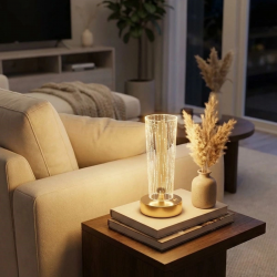 Mey İthalat®  Silindirik Kristal Nokta Model LED Masa ası – Gold Tabanlı, Dokunmatik, 3 Renk Işık Modlu, Şarjlı Modern Dekoratif Gece ası