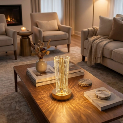 Mey İthalat®  Silindirik Kristal Nokta Model LED Masa ası – Gold Tabanlı, Dokunmatik, 3 Renk Işık Modlu, Şarjlı Modern Dekoratif Gece ası